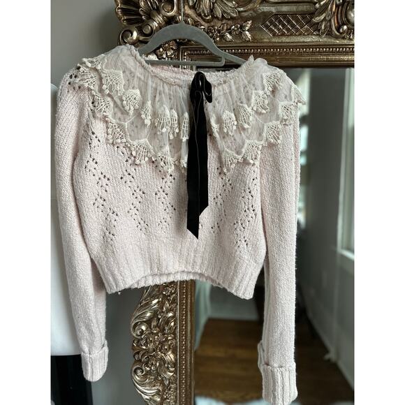 Free People Hold Me Closer Lace Yoke Sweater In Pearl Combo Small - Picture 4 of 7